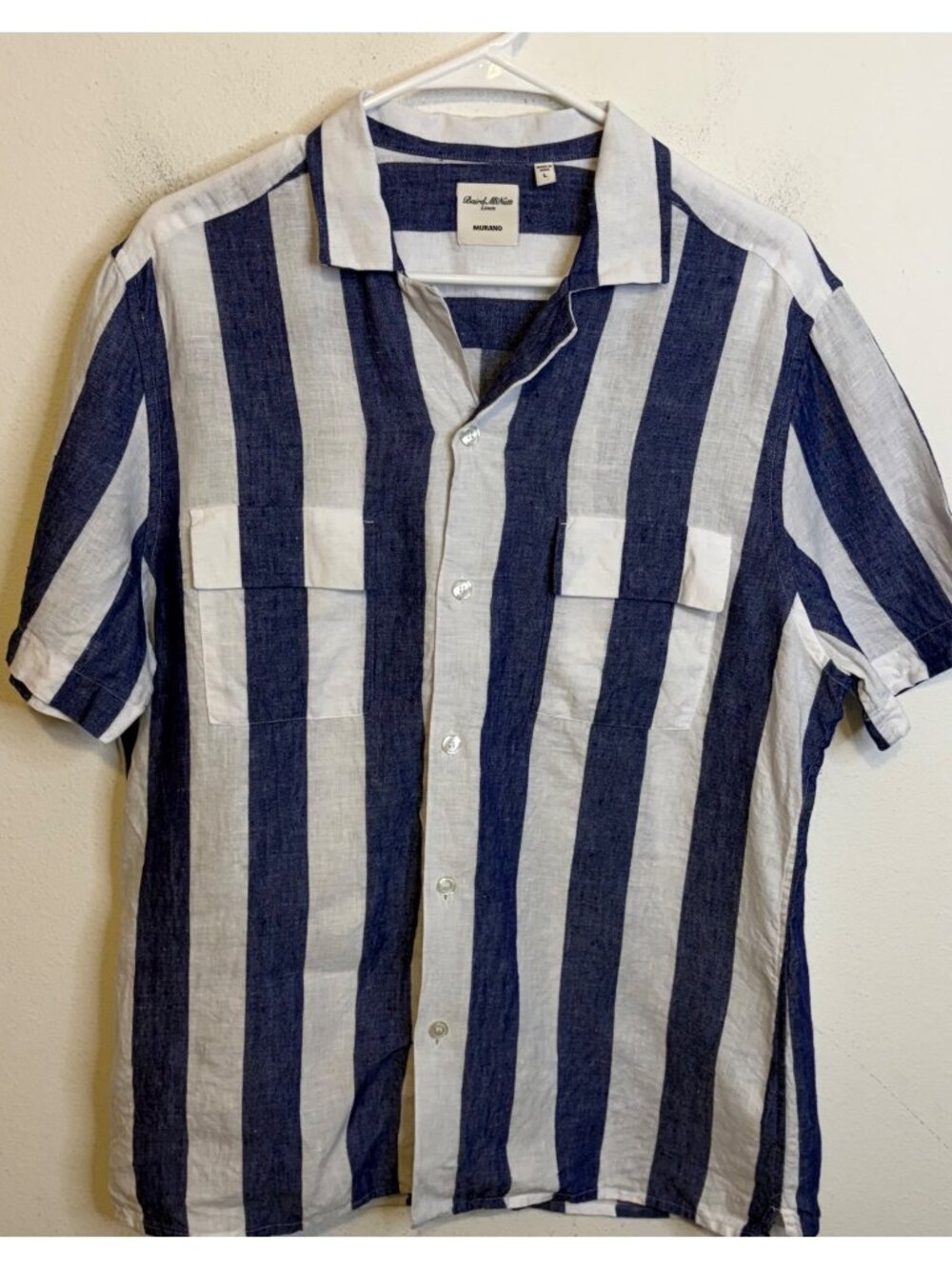 Murano Baird McNutt Linen Shirt Preppy Stripe Short Blue White Button Men LARGE
